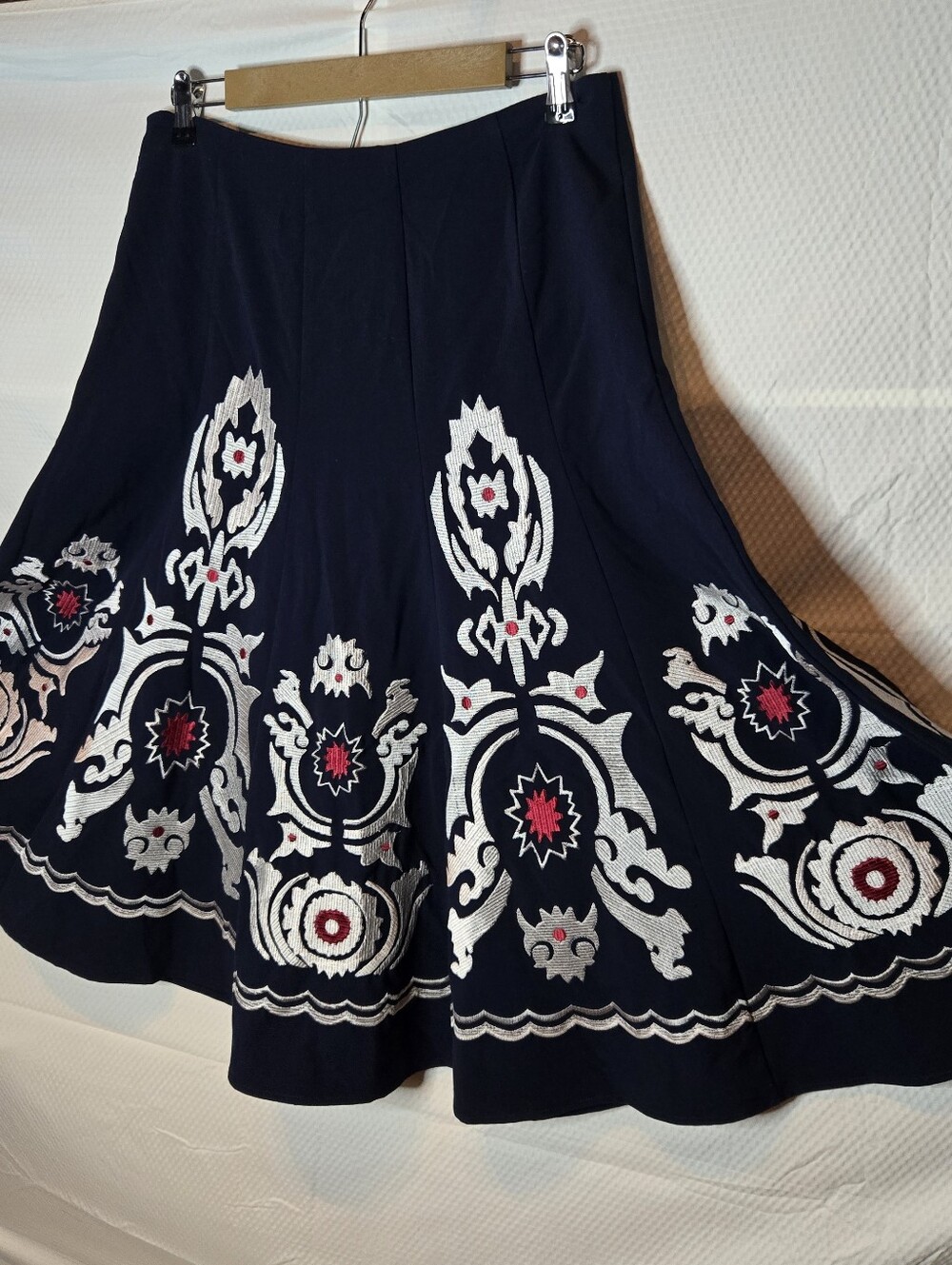 Navy Embroidered A-Line Skirt with Silver & Red Accents